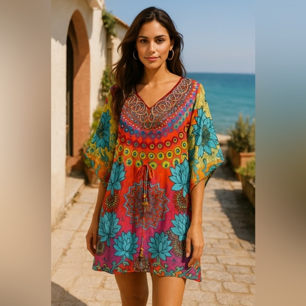 NWT RUBY YAYA Globetrotter Multicolor Embellished Boho Kaftan Dress Tassel Belt